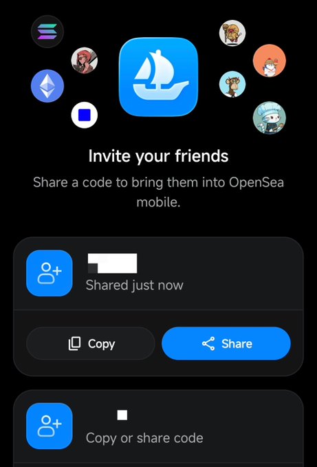An OpenSea mobile app screen showing an 'Invite your friends' feature with a sailing ship logo, displaying options to copy or share a referral code, with various NFT profile pictures floating in the background.