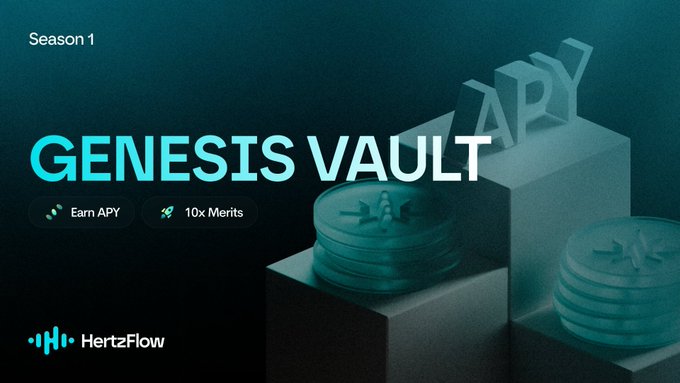 The image is a promotional graphic for HertzFlow's "Genesis Vault" Season 1, featuring an "Earn APY" callout with "10x Merits" and 3D coin stacks alongside "APY" lettering on a teal background. It visually supports the post's announcement of HertzFlow's new mainnet launch by highlighting the early participation opportunity through their yield-earning vault.