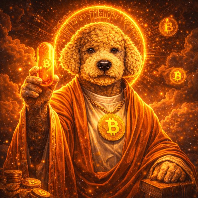 A stylized digital illustration depicts a golden doodle dog depicted as a religious figure with a glowing halo, wearing an orange robe and a large Bitcoin pendant, holding up a Bitcoin token in a fiery, celestial setting.