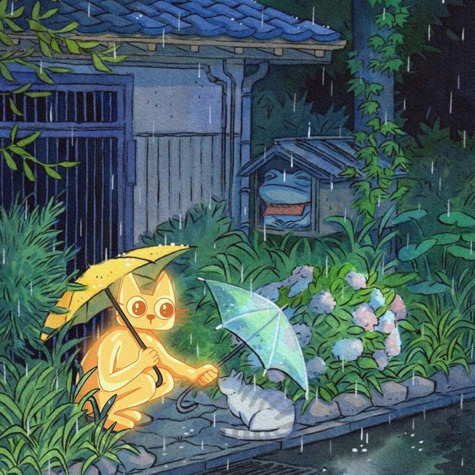 A glowing cat holding two umbrellas shelters a small cat in the rain outside a traditional Japanese house, illustrating a moment of generous protection amid uncertainty—mirroring the post's concern about faithfully conveying strong enthusiasm ("bullish sentiment") for $Cets to non-English speakers without losing nuance.
