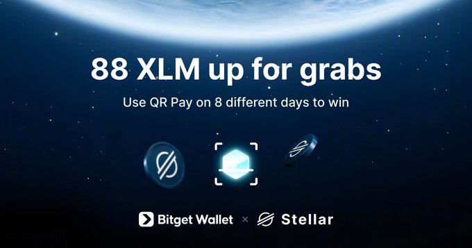 The image features a poster for an event where people can win 88 XLM (500 winners) by making 8 QR payments of different amounts over several days. The poster also includes information about the event, such as the name "88 XLM" and the prize amount.
