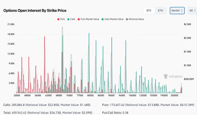 A Coinglass chart titled 'Options Open Interest By Strike Price' showing put and call distributions across strike prices for BTC, ETH, and Deribit, with totals: Calls 285,884.8 (Notional: $22.85B), Puts: 173,657.62 (Notional: $13.88B), Total: 459,542.42, Put/Call Ratio: 0.38.