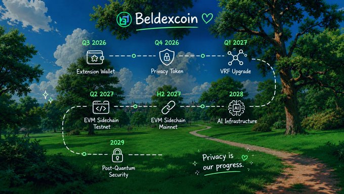 A roadmap graphic for 'Beldexcoin' overlaid on a lush green forest landscape, outlining development milestones from Q3 2026 (Extension Wallet) to 2029 (Post-Quantum Security), with the tagline 'Privacy is our progress.'