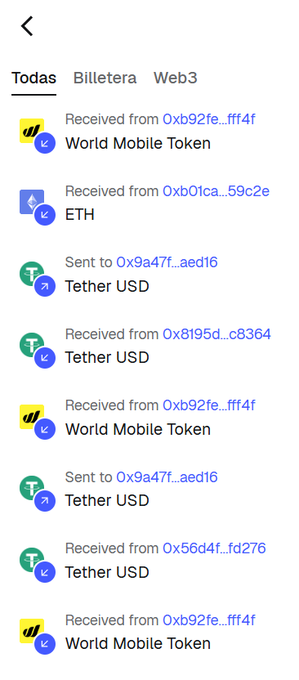 A cryptocurrency wallet transaction history screen showing received and sent transactions of World Mobile Token, ETH, and Tether USD across three tabs: Todas, Billetera, and Web3.
