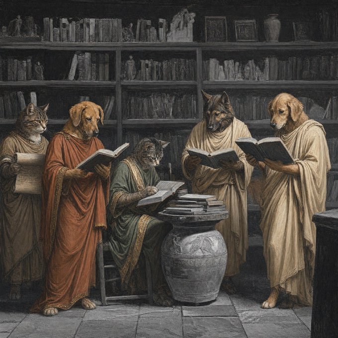 A surreal painting depicts cats and dogs dressed in classical togas, intently reading scrolls and books in a dimly lit, ancient library filled with towering bookshelves. The scholarly scene of animals communing over ancient texts evokes the contemplative search for meaning and wisdom, as suggested by the post's reference to searching for a sign.