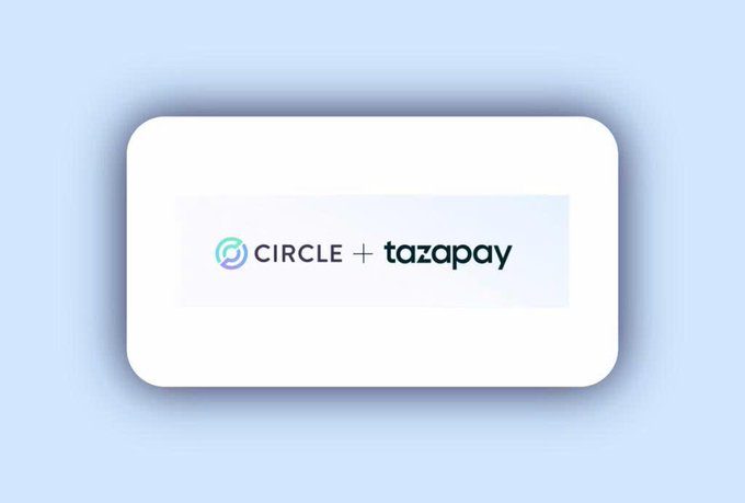 A minimalist graphic showing a partnership or branding logo that reads 'CIRCLE + tazapay' inside a white rounded rectangle on a light blue background.