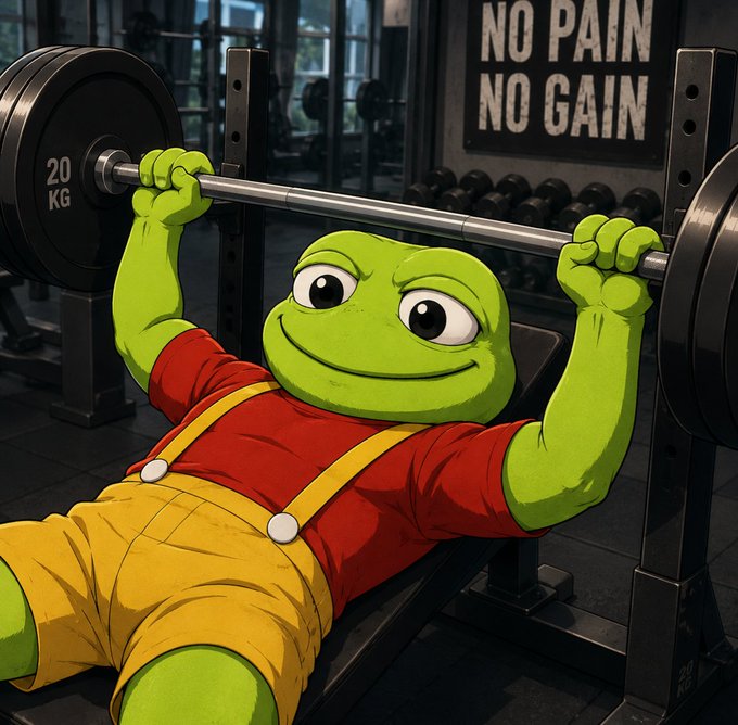 A cartoon frog character performs a bench press with 20 KG weights under a "NO PAIN NO GAIN" poster in a gym. The image mirrors the post's theme of enduring short-term pain for long-term gains, symbolizing the holder's commitment to $TOAD despite market volatility.