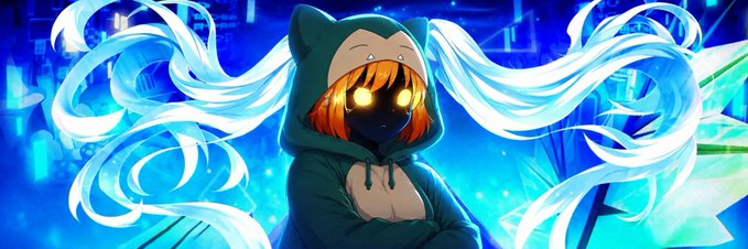 An anime-style character wearing a dark hoodie with a robot-like face mask and glowing yellow eyes, surrounded by flowing white/blue energy.