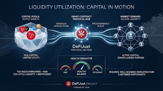An infographic titled 'LIQUIDITY UTILIZATION: CAPITAL IN MOTION' explains DeFiJust, a smart contract protocol hub on Tron that connects capital pools with market demand through programmable rules.