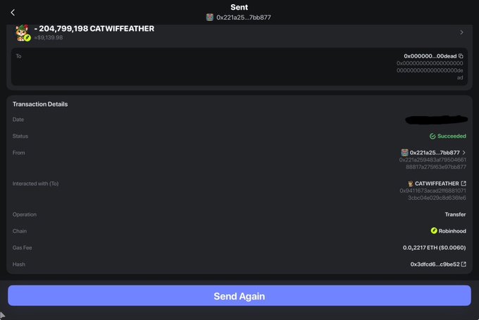 A screenshot of a successful Robinhood crypto transaction showing the transfer of -204,799,198 CATWIFFFEATHER tokens ($8,139.96) to wallet 0x000000...0d6ad, with a gas fee of 0.2217 ETH.