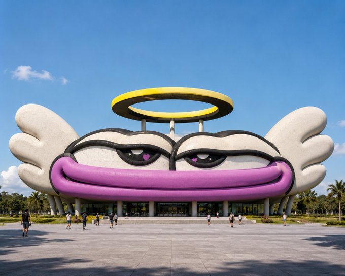 The image features a large, colorful sculpture of a face with wings and a halo, located outdoors in front of an entrance or building. The sculpture appears to be made from a material that resembles stone but has a more vibrant color scheme. There are several people walking around the area near the sculpture, possibly admiring it or going about their day. A post on social media indicates that this artwork is being shared by multiple users and has been described as "very cool".