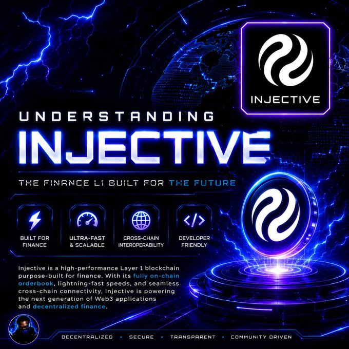 An infographic titled "Understanding Injective: The Finance L1 Built for the Future" highlights key features including built for finance, ultra-fast & scalable, cross-chain interoperability, and developer friendly, while explaining that Injective is a high-performance Layer 1 blockchain purpose-built for finance with a fully on-chain orderbook and lightning-fast speeds. The image visually reinforces the accompanying post's message about Injective serving institutions, traders, and AI agents on one blockchain by showcasing the project's branding and core value propositions.