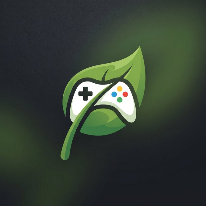 A digital illustration of a green leaf with a white video game controller design superimposed on it, featuring a directional pad and colored buttons (red, blue, orange, green) against a dark gradient background.