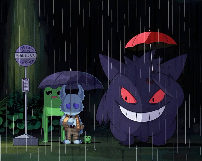 Cartoon illustration of Pokemon (Gengar, Ditto as a small figure, and what appears to be Detective Pikachu) at a bus stop in the rain.