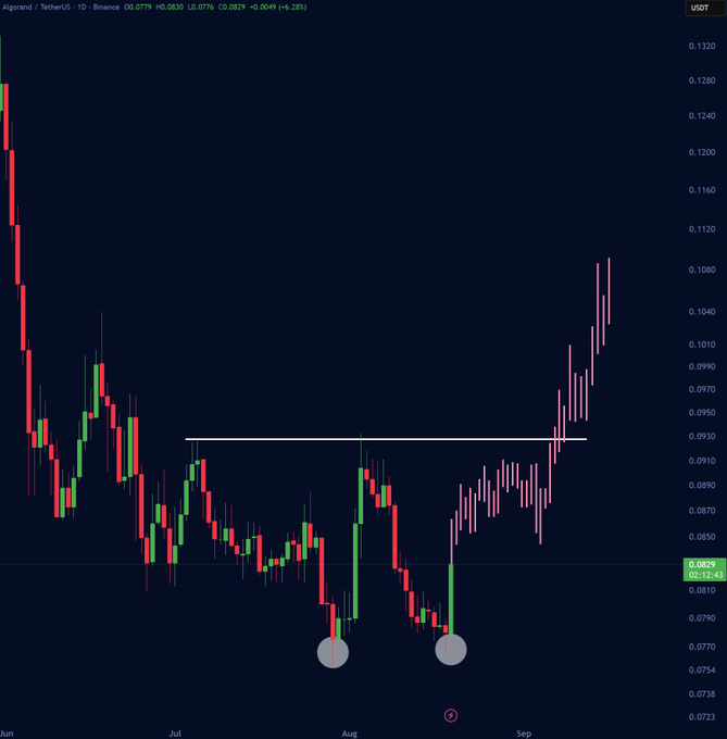 A daily candlestick chart of Algorand/TetherUS (ALGO/USDT) on Binance shows a double bottom pattern around the $0.075-$0.077 support zone (marked by gray circles) in early August, followed by a rally that broke above the $0.0925 resistance line (white horizontal), with the current price at $0.0829 (+6.28%), supporting the post's prediction of upside targets at $0.0990 and $0.1080.