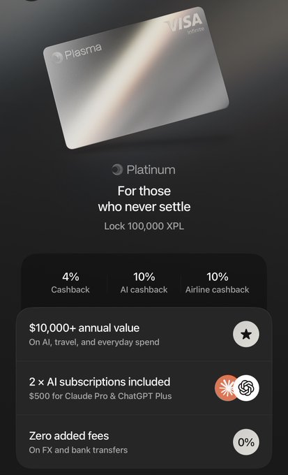 A promotional screen for the Plasma Visa Infinite Platinum card, targeted at users who 'never settle' by locking 100,000 XPL, offering 4% cashback, 10% AI cashback, 10% airline cashback, two AI subscriptions, and zero added fees.