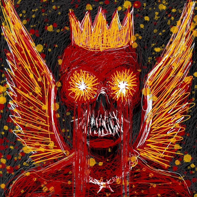 A chaotic, scribbled illustration of a red demonic skull with glowing starburst eyes, sharp teeth, and fiery orange wings, wearing a yellow crown.