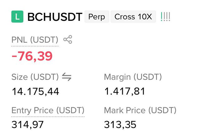 Trading interface showing position details for BCHUSDT Perp with Cross 10X leverage, displaying a PNL of -76.39 USDT, Size of 14,175.44 USDT, Margin of 1,417.81 USDT, Entry Price of 314.97, and Mark Price of 313.35.