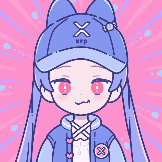 An anime-style chibi character with long blue hair and red eyes wears a blue baseball cap featuring the XRP logo, set against a pink radial background.