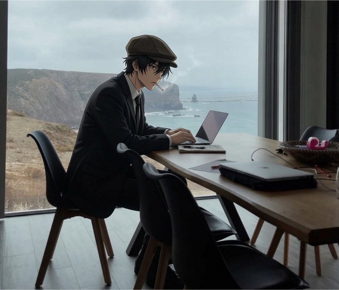 An anime-style illustration shows a man in a dark suit and newsboy cap sitting at a wooden table with a laptop, smoking a cigarette, while overlooking a coastal cliff and ocean through large windows.