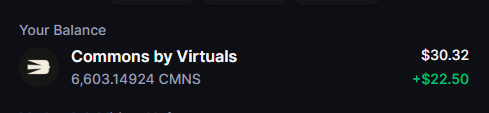 A digital wallet balance screen displays "Commons by Virtuals" holdings of 6,603.14924 CMNS valued at $30.32, showing a +$22.50 gain, referencing the small airdrop mentioned in the post's commentary about the Commons airdrop.
