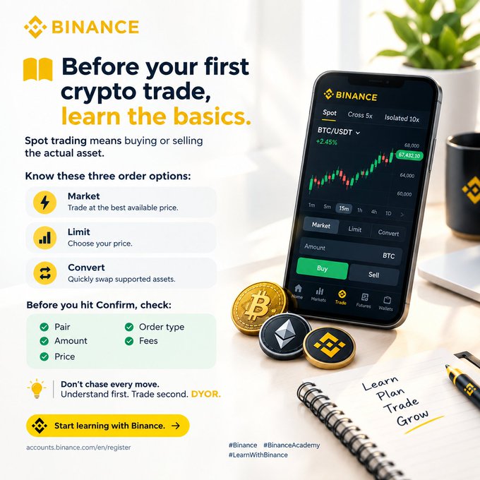 A Binance educational infographic titled 'Before your first crypto trade, learn the basics,' explaining spot trading order options (Market, Limit, Convert) alongside a phone displaying a BTC/USDT chart.