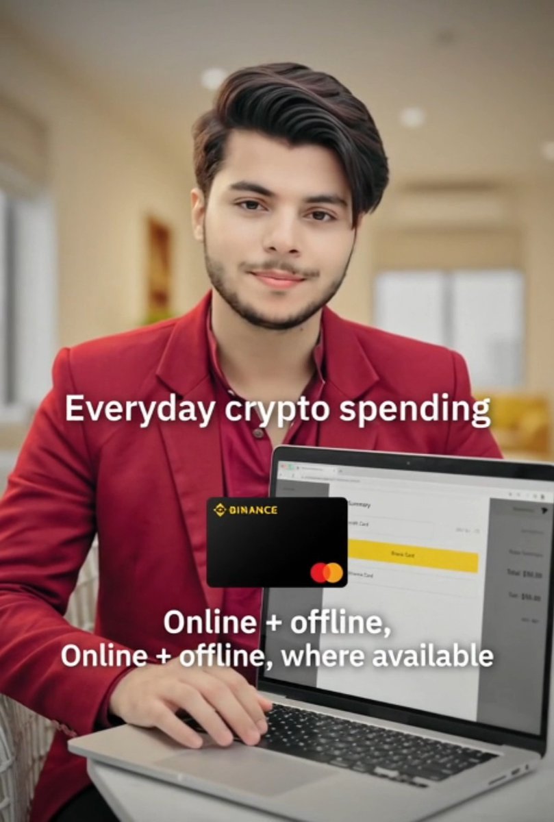 A young man in a red blazer holds a laptop with a Binance debit card displayed, advertising 'Everyday crypto spending' that works 'Online + offline, Online + offline, where available.'