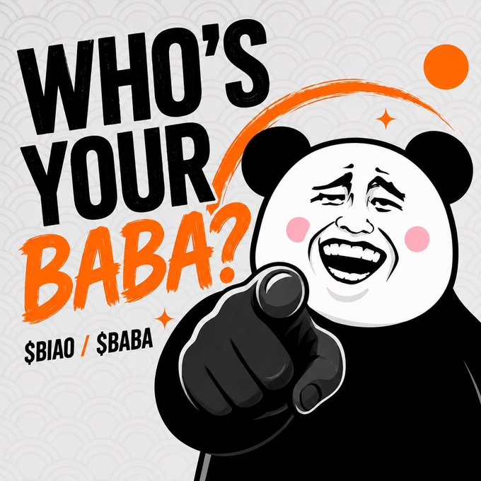 A meme graphic displays the panda character pointing at the viewer with bold text reading 'WHO'S YOUR BABA?' and '$BIAO / $BABA' below.