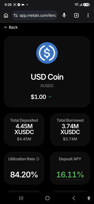 Mobile screenshot of MetalX app showing USD Coin (XUSDC) details: $1.00 price, 4.45M total deposited, 3.74M total borrowed, 84.20% utilization rate, and 16.11% deposit APY.