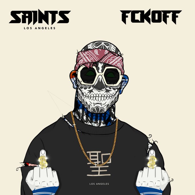 An illustration shows a tattooed skull character wearing a bandana, sunglasses, a black shirt, and gold chain, with text reading 'SAINTS LOS ANGELES' and 'FCKOFF' at the top.