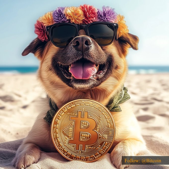 A smiling dog wearing sunglasses and a colorful flower crown sits on a beach, displaying a large golden Bitcoin medallion around its neck with "Follow: @Bitcoin" text visible. The image ties to the $64,603.23 Bitcoin price post, presenting a fun, tropical, and celebratory vibe fitting for crypto enthusiasts.