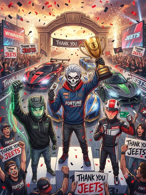 A vibrant celebratory illustration of a racing team podium victory featuring masked characters in 'FORTUNE RACING' gear holding a 'CHAMPIONS' trophy, surrounded by racing cars, confetti, fireworks, and cheering fans holding 'THANK YOU JEETS' and 'WINNERS' signs.