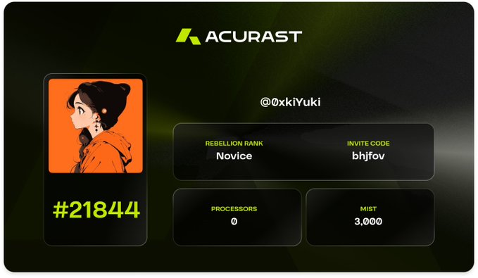 AcuraSt profile card for user @xkiYuki (#21844) showing Novice Rebellion Rank, invite code bhjfov, 0 Processors, and 3,000 MIST.