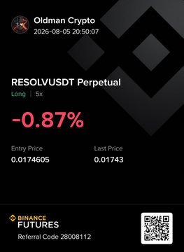 A Binance Futures trading signal card from "Oldman Crypto" showing the RESOLVUSDT Perpetual long position with a 5x leverage, currently down 0.87% with an entry price of 0.0174605 and last price of 0.01743, dated 2026-08-05. The image supports the post's message by visually highlighting that $RESOLV remains on the trader's watchlist with minimal price movement, reinforcing the claim that it "hasn't pumped yet" and could be an early entry opportunity.