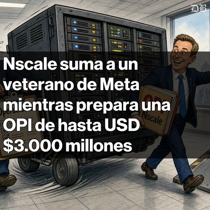 An illustrated cartoon showing a man pushing a cart of server racks, overlaid with Spanish text reading 'Nscale suma a un veterano de Meta mientras prepara una OPI de hasta USD $3.000 millones'.