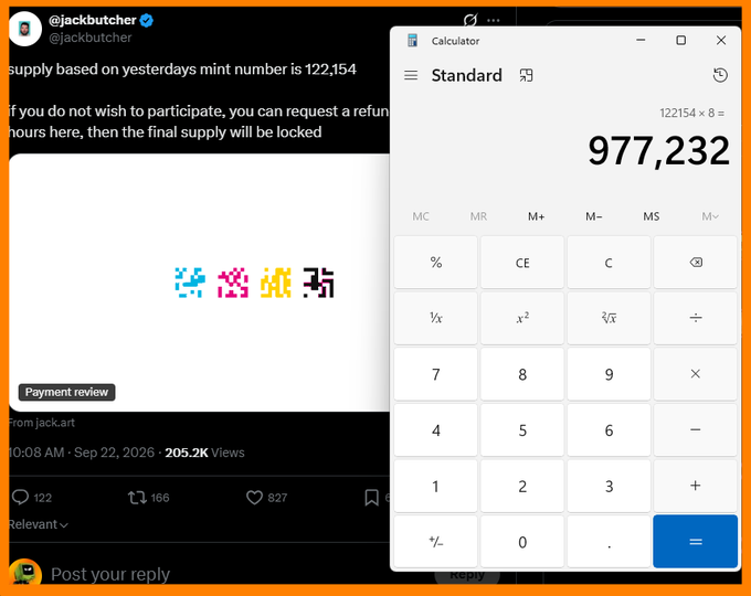 A screenshot of a tweet from @jackbutcher mentioning a mint supply of 122,154 alongside a Windows Calculator showing 122154 × 8 = 977,232.