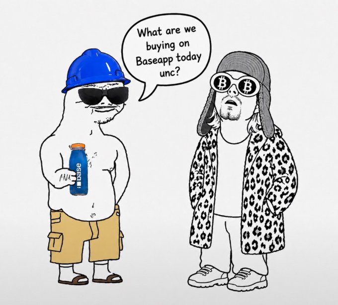 A cartoon image featuring two characters, one labeled 'ANA base' holding a water bottle, and another in a leopard print coat wearing Bitcoin-logo sunglasses, with text 'What are we buying on Baseapp today unc?'