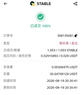 A screenshot of a mobile crypto trading interface showing a completed order for the 'STABLE' token, with order number 308135081, a filled quantity of 1,053 out of 1,053, at an average price of 0.02910493 USDT.