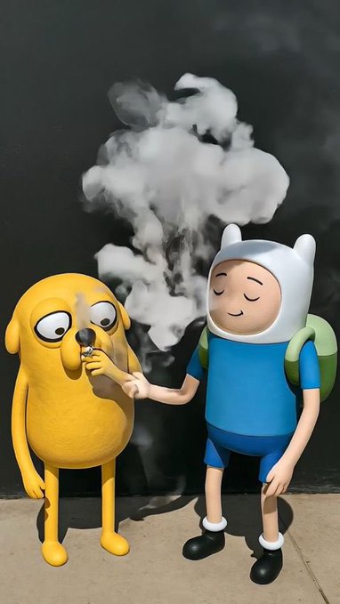 Two cartoon figures, a yellow dog character and a Finn-like adventurer, stand against a dark background while the dog blows a cloud of smoke from a pipe.