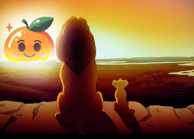 A digital illustration of two lion characters (resembling Simba and Nala from The Lion King) sitting on a cliff at sunset, with a smiling cartoon orange emoji superimposed in the top left corner.