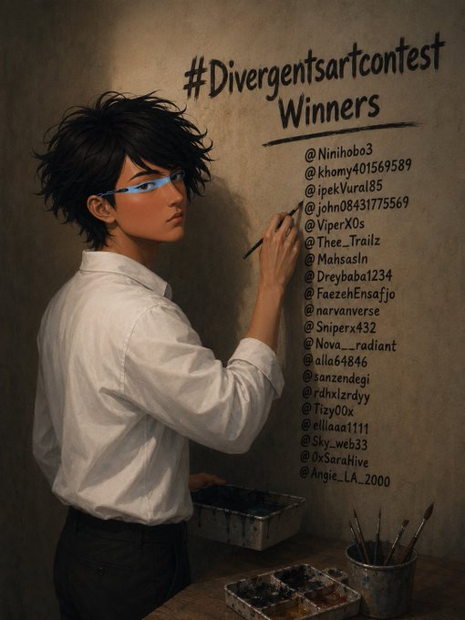 A young man with glasses and a white shirt writes "#Divergentsartcontest Winners" on a wall, listing the 20 winning usernames (@Ninihobo3, @khomy401569589, @ipekYurai85, @john08431775569, @ViperX0s, @Thee_Trailz, @Mahsasln, @Dreybaba1234, @FaezehEnsafjo, @narvanverse, @Sniperx432, @Nova.__radiant, @alle64846, @sanzendegi, @rdhxlzrdyy, @Tizy00x, @elliaaa1111, @Sky_web33, @0xSaraHive, @Angie_LA_2000), visually celebrating the contest winners announced in the post.