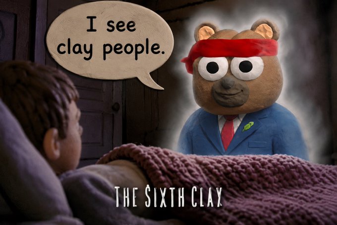A claymation-style scene where a brown clay bear wearing a blue suit, red tie, and red blindfold says 'I see clay people.' to a human child in bed, with the title 'THE SIXTH CLAY' at the bottom.