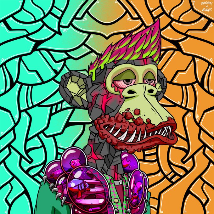 A vibrant, stylized illustration features a mutant ape with a colorful red and green mohawk, sharp fanged mouth, and purple crystal-like adornments against a split turquoise and orange patterned background, fitting the "mutant Monday" theme with its bold, otherworldly NFT-style artwork signed "@rcpx x SANc" in the corner.