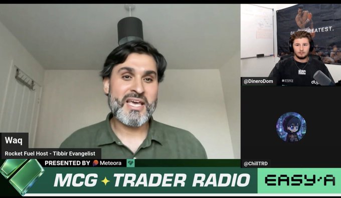 A video call screen from 'MCG Trader Radio' featuring 'Waq - Rocket Fuel Host - Tibbir Evangelist' speaking, with co-hosts '@DineroDom' and '@ChillTRD' visible in side panels.