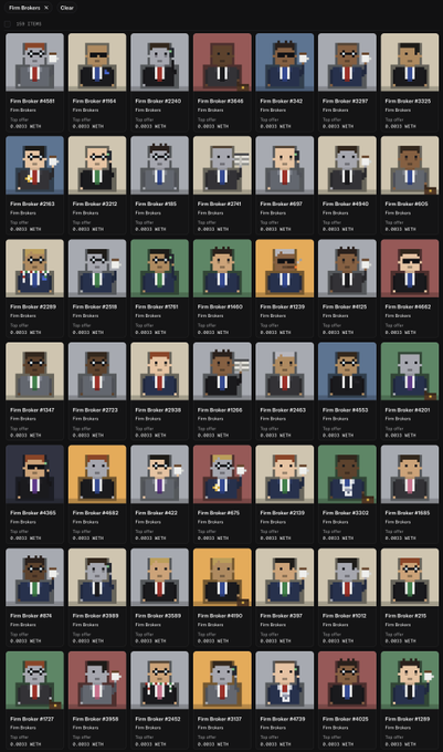 A grid of 49 pixel-art 'Firm Brokers' NFTs (numbered #0501 through #1727), each listed at a Top offer of 0.0831 WETH.