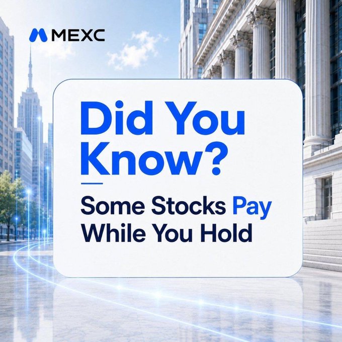 A promotional graphic for the MEXC exchange featuring the text 'Did You Know? Some Stocks Pay While You Hold' overlaid on an image of a classical building with columns and skyscrapers.