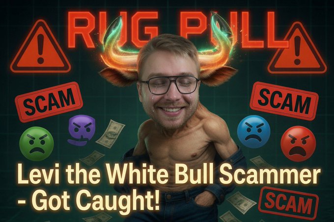 A thumbnail-style graphic featuring a man's edited face on a muscular bull body with glowing antlers, surrounded by warning symbols, "SCAM" stamps, and angry emojis, with text declaring "Levi the White Bull Scammer - Got Caught!" and a header reading "RUG PULL." The image visually dramatizes the accompanying post's accusation that "Levi" orchestrated a crypto token "rug pull" scam under "The White Bull" project.