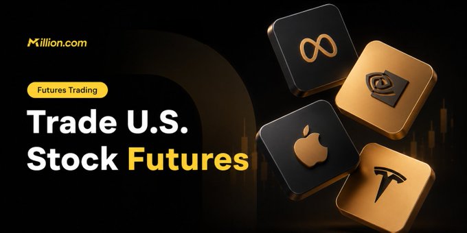 A Million.com promotional graphic featuring the tagline "Futures Trading — Trade U.S. Stock Futures" alongside 3D-rendered black and gold cube icons displaying the logos of Meta (∞), Apple, and Tesla, visually reinforcing the post's message of trading popular U.S. equities alongside crypto on a single platform.
