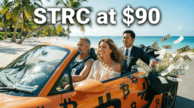 The user wants a concise caption for the image.
I need to identify the key text, numbers, and visual elements.
- **Visuals:** An orange convertible car with Bitcoin symbols on it. Three people inside (a man driving in a jersey, a woman in the middle, a man in a suit in the back). Money is flying out of the back seat.
- **Text:** "STRC at $90" is prominently displayed at the top.
- **Context from prompt:** The post mentions STRC is up 20% in less than a week, bought for $75. The image shows "STRC at $90", which aligns with the "up 20%" claim (75 * 1.2 = 90).

**Drafting the caption:**
- Start with the main text: "STRC at $90".
- Describe the scene: A group of people in an orange convertible with Bitcoin logos, surrounded by