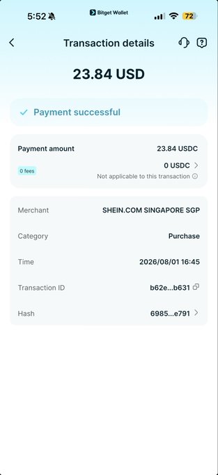 A Bitget Wallet transaction details screen showing a successful payment of 23.84 USDC to SHEIN.com Singapore SGP, with zero fees, transaction ID b62e...b631, and hash 6985...e791, demonstrating the wallet's ability to be used for everyday purchases like crypto-as-fiat spending.